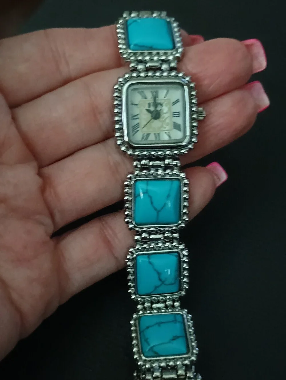 Vintage 1928 Turquoise Stone Silver-Tone Women's Bracelet Watch